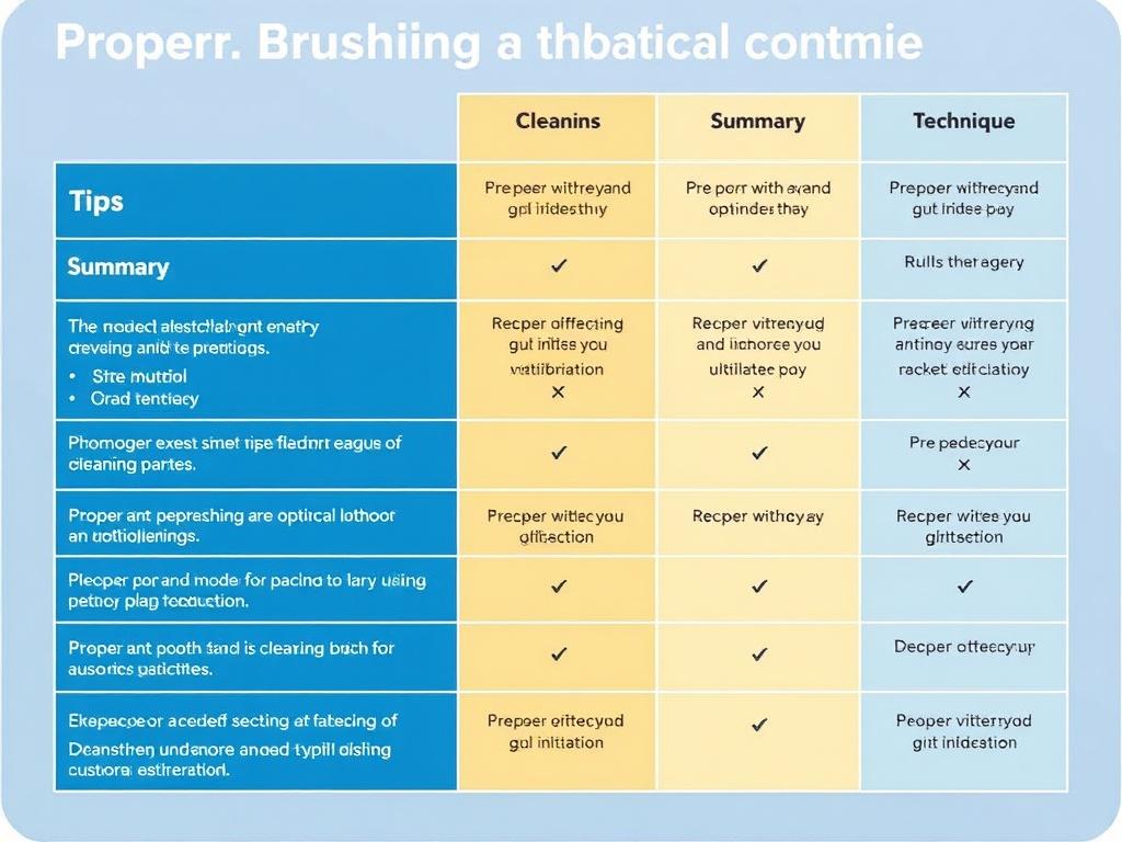     Proper brushing technique for optimal cleaning. Summary Table: Proper Brushing Technique Tips